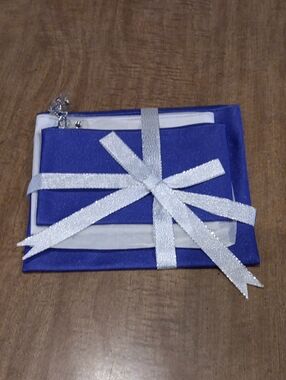 Blue and Silver Gift-Wrapped Pouch Set with Silver Ribbon